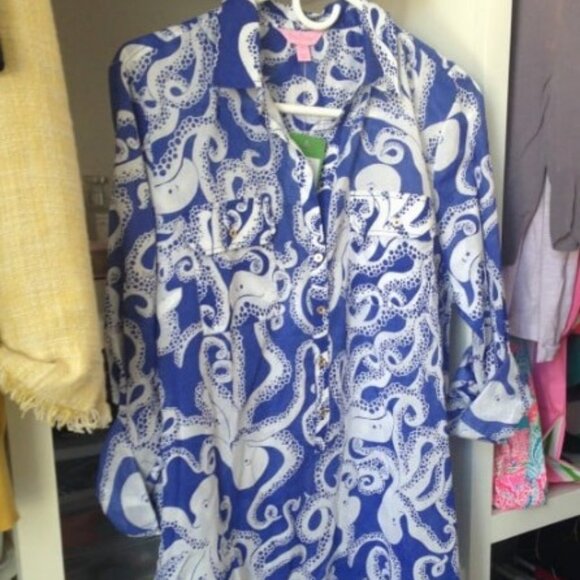 Lilly Pulitzer Captiva Tunic Bubbly Blue Octopus **Rare Find Print** Sz Large - Picture 3 of 10